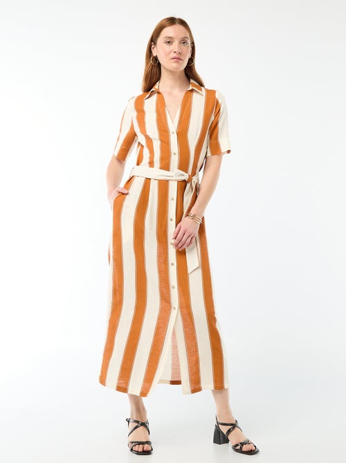 Robe chemise longue manches courtes en coton et lin - Kiabi