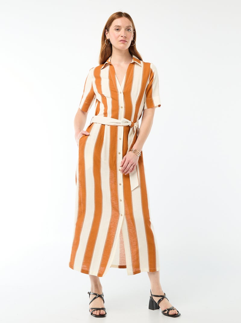 Robe chemise longue manches courtes en coton et lin Rose - Kiabi