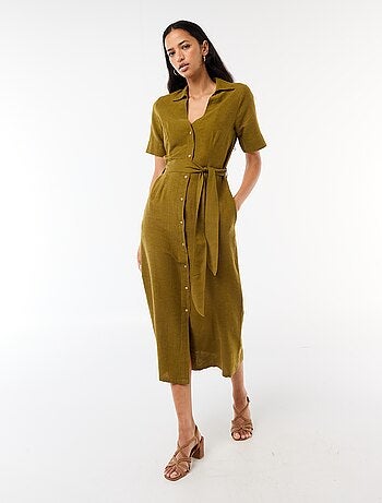 Robe chemise longue manches courtes en coton et lin