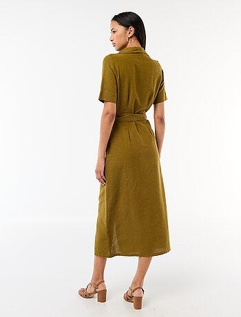Robe chemise longue manches courtes en coton et lin