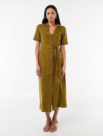 Robe chemise longue manches courtes en coton et lin