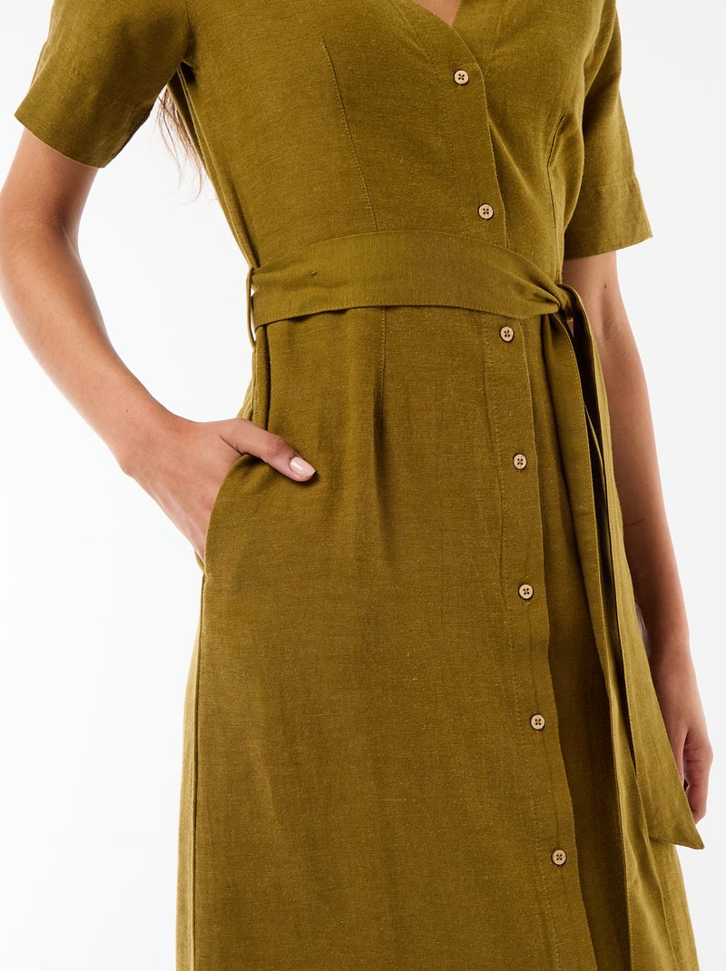 Robe chemise longue manches courtes en coton et lin Vert - Kiabi