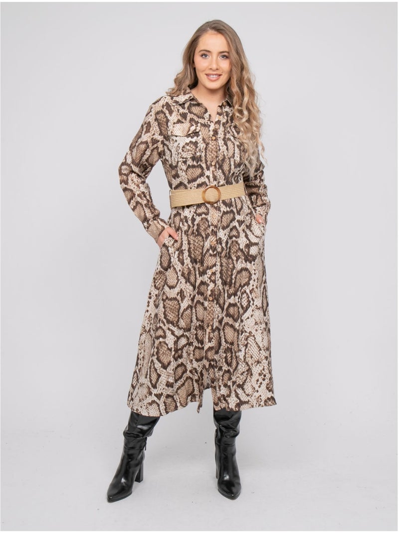 Robe chemise longue motif python et fils dorés ipova Beige - Kiabi