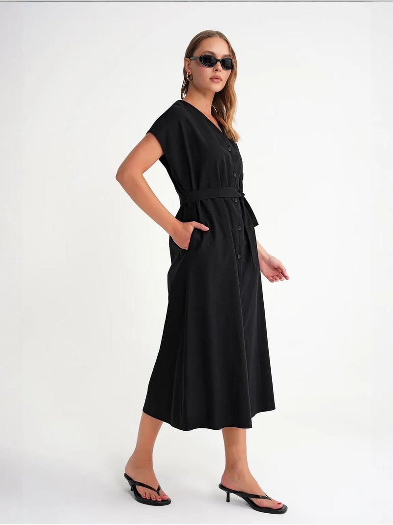 Robe chemise mi-longue avec fermeture à nouer et détails accessoires mixray Noir - Kiabi