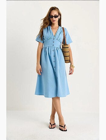 Robe chemise mi-longue boutonnée à col en v lucci