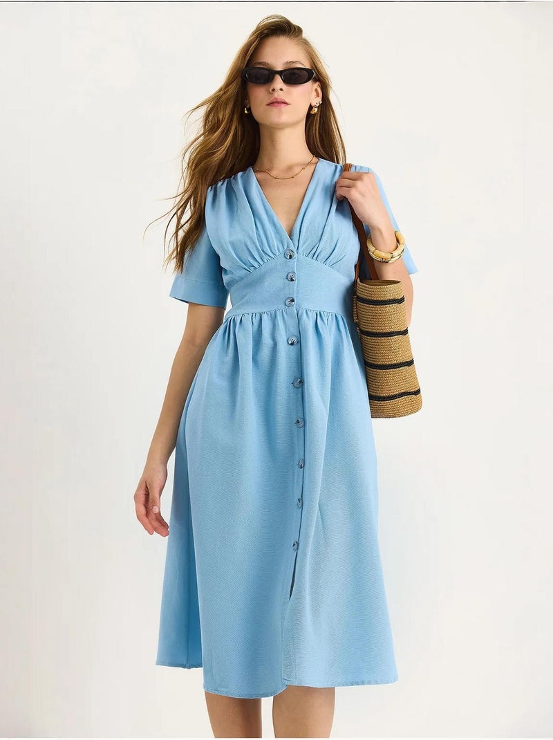 Robe chemise mi-longue boutonnée à col en v lucci Bleu ciel - Kiabi
