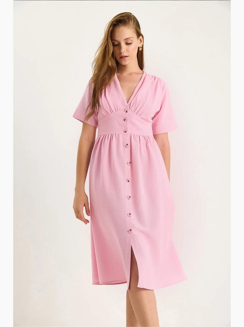 Robe chemise mi-longue boutonnée à col en v lucci Rose clair - Kiabi