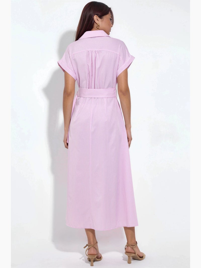 Robe chemise midi à rayures avec col en v et ceinture busem Rose pâle - Kiabi