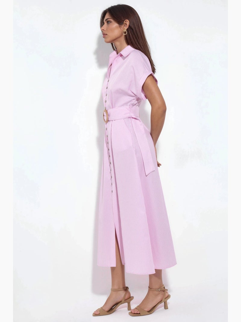 Robe chemise midi à rayures avec col en v et ceinture busem Rose pâle - Kiabi