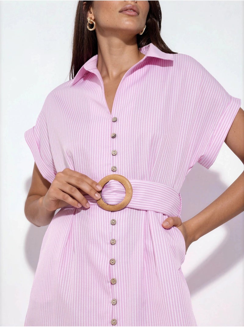 Robe chemise midi à rayures avec col en v et ceinture busem Rose pâle - Kiabi
