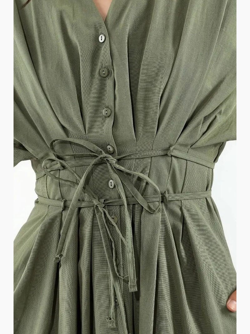 Robe chemise midi décontractée à col en v busem Vert kaki - Kiabi