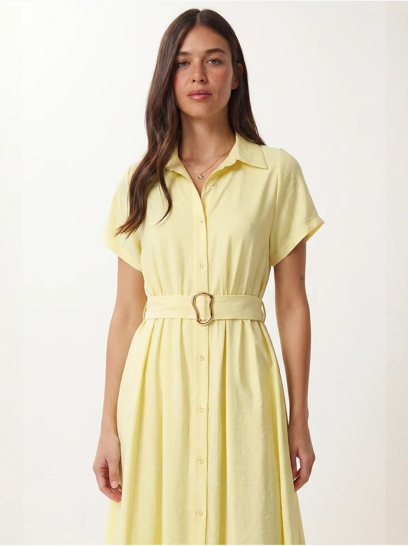 Robe chemise midi en popeline ceinturée istanbul Jaune citron - Kiabi
