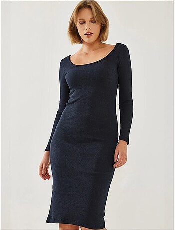 Robe côtelée basique à manches longues et col carré lucci