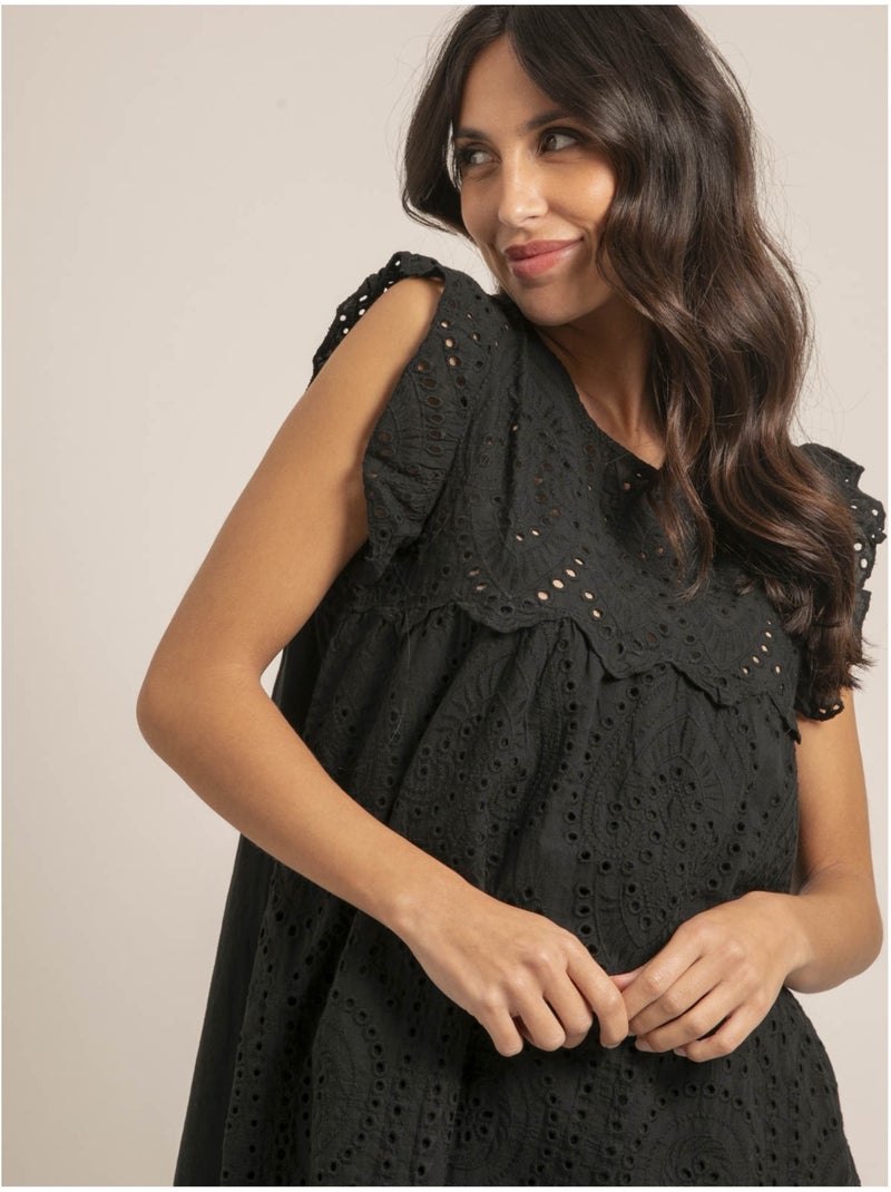 Robe courte broderies anglaises ingles Noir - Kiabi