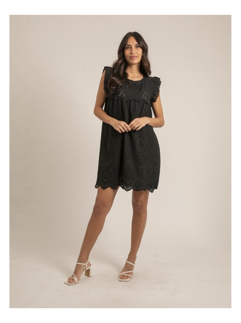 Robe courte broderies anglaises ingles Noir - Kiabi