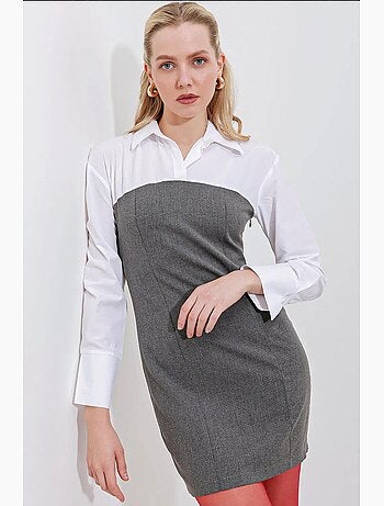 Robe courte color block à col chemise et manches longues bdart