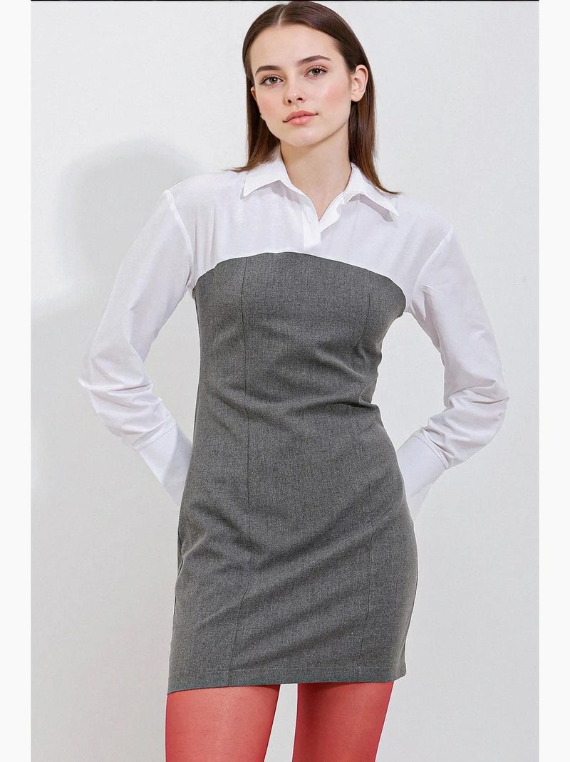 Robe courte color block à col chemise et manches longues bdart Gris Noir - Kiabi