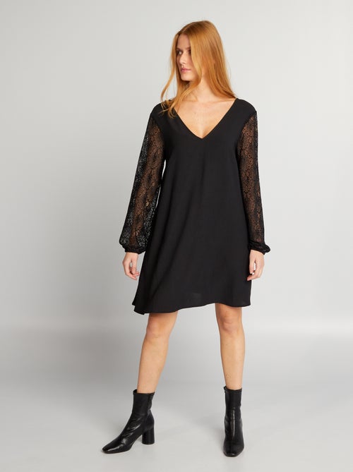 Robe courte crêpée + dentelle - Kiabi