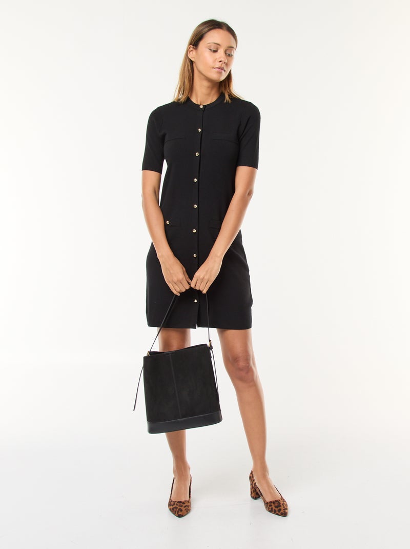 Robe courte en maille lourde boutonnée Noir - Kiabi