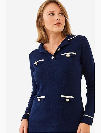 Robe courte en tricot à manches longues avec col chemise et poches lucci