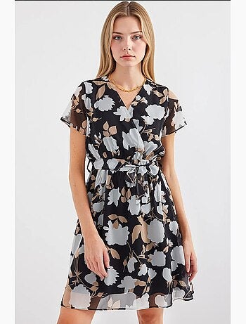 Robe courte fleurie à col v et ceinture bdart