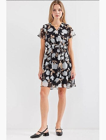 Robe courte fleurie à col v et ceinture bdart