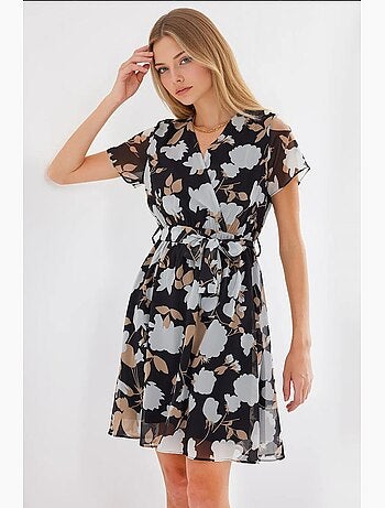 Robe courte fleurie à col v et ceinture bdart