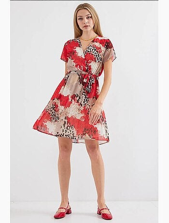 Robe courte fleurie à col v et ceinture bdart