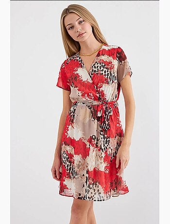 Robe courte fleurie à col v et ceinture bdart