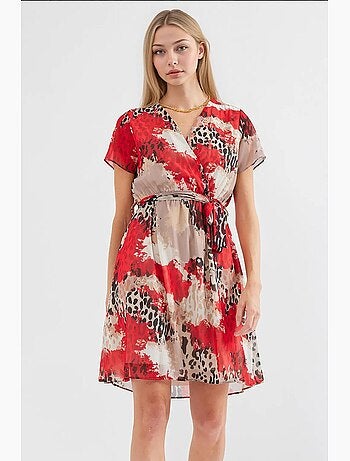 Robe courte fleurie à col v et ceinture bdart