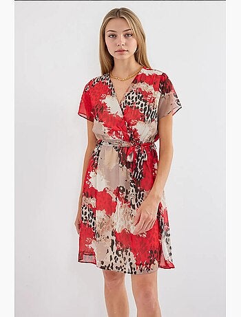 Robe courte fleurie à col v et ceinture bdart