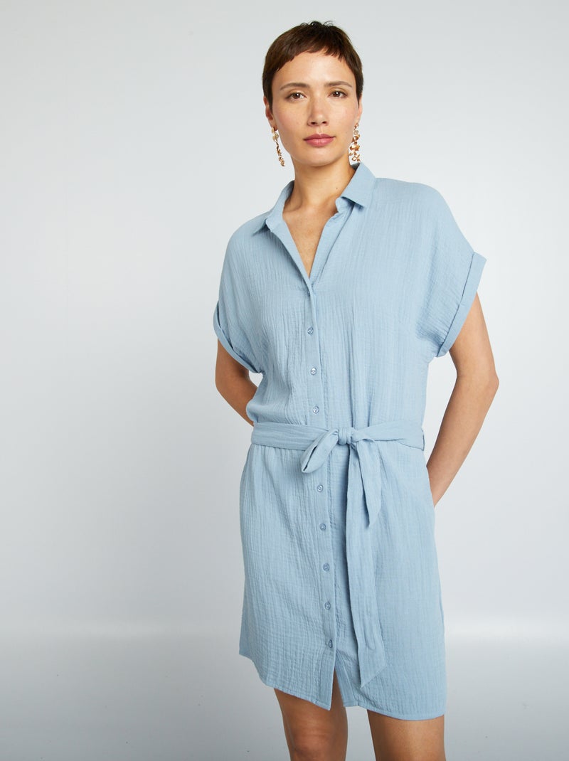 Robe courte forme chemise en double gaze de coton Bleu - Kiabi