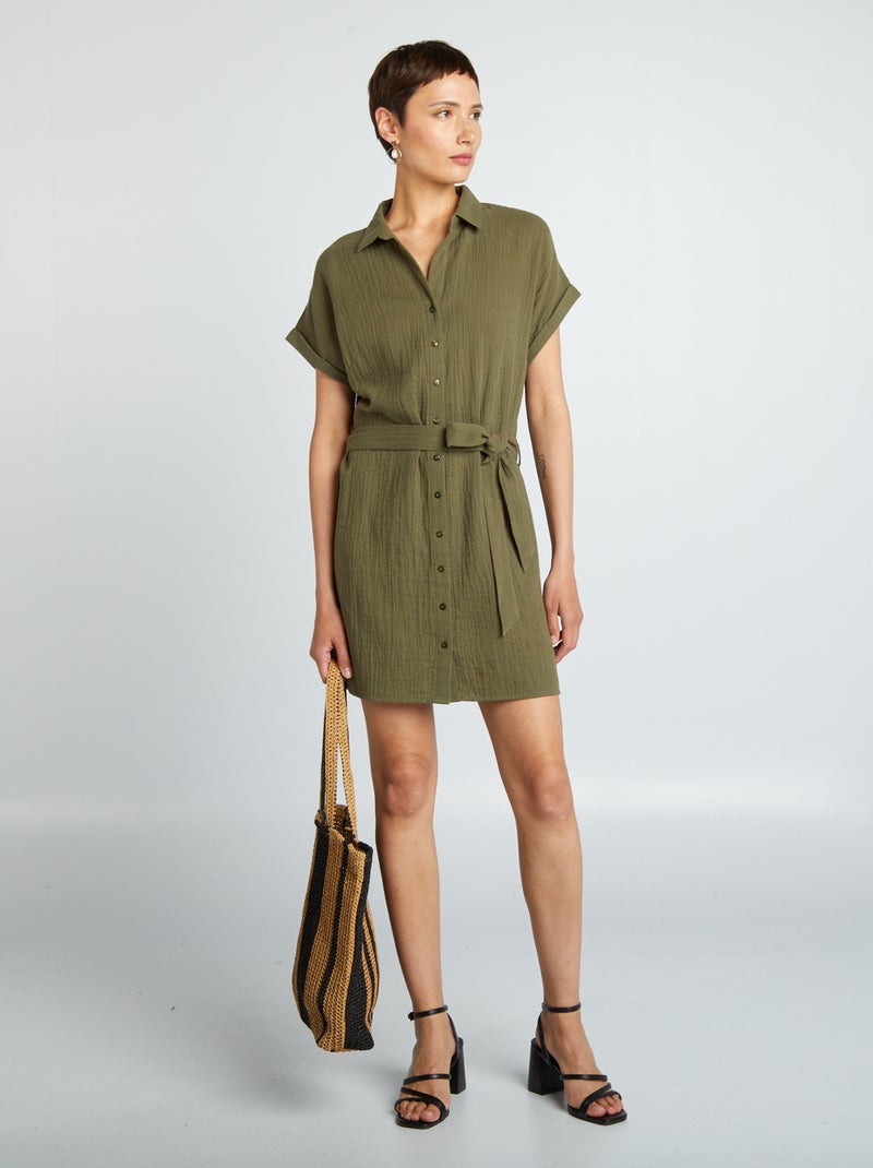 Robe courte forme chemise en double gaze de coton Kaki - Kiabi