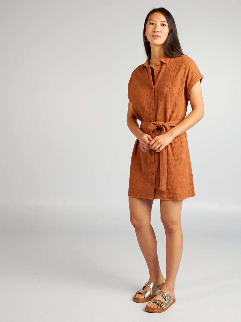 Robe courte forme chemise en double gaze de coton Marron - Kiabi