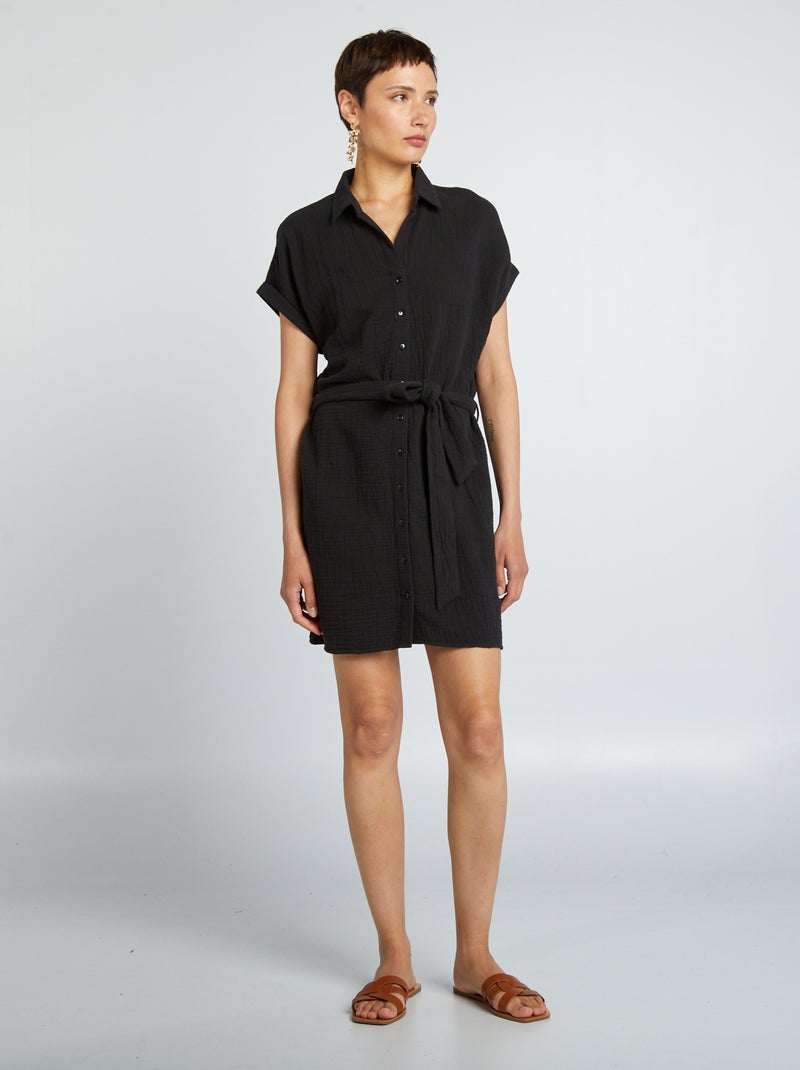 Robe courte forme chemise en double gaze de coton noir - Kiabi