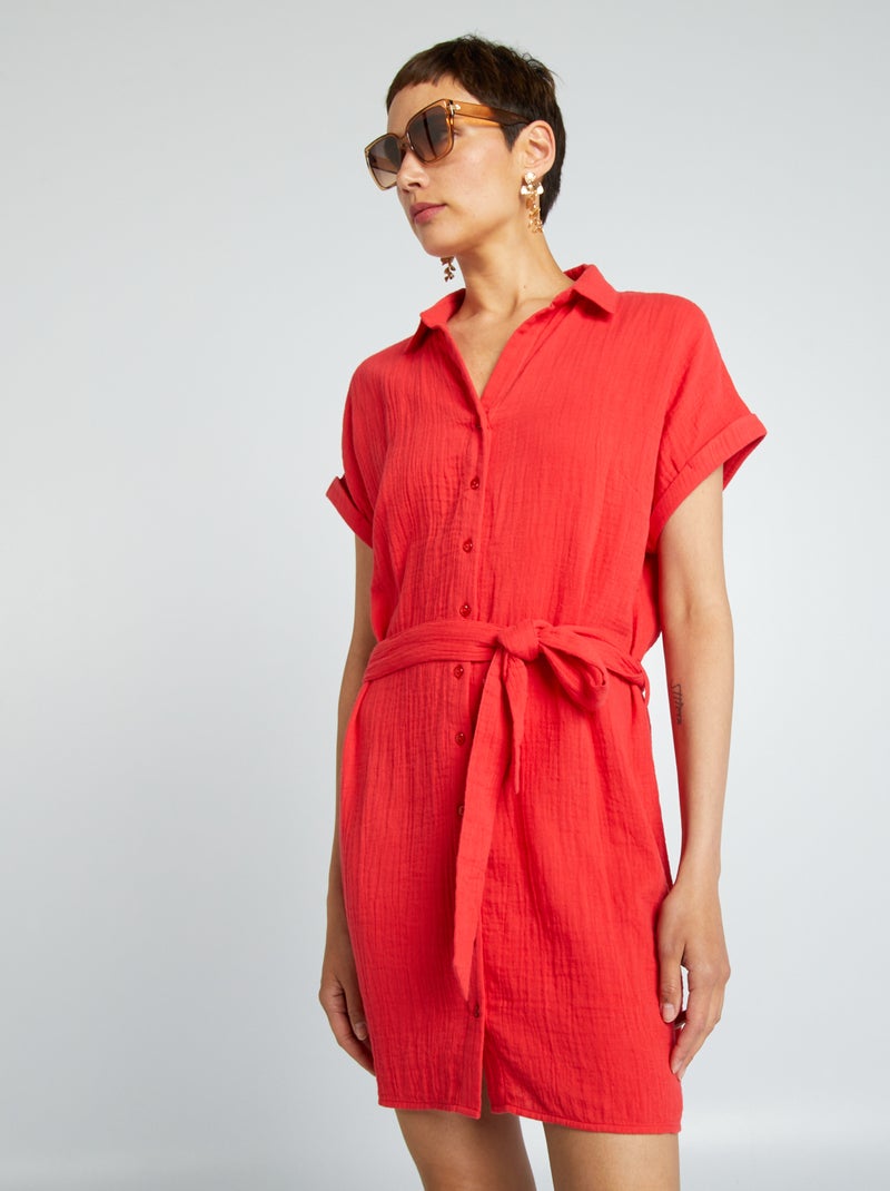 Robe courte forme chemise en double gaze de coton rouge - Kiabi