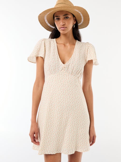 Robe courte manches papillons en coton et lin - Kiabi