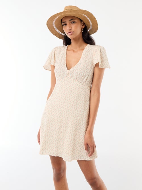 Robe courte manches papillons en coton et lin - Kiabi