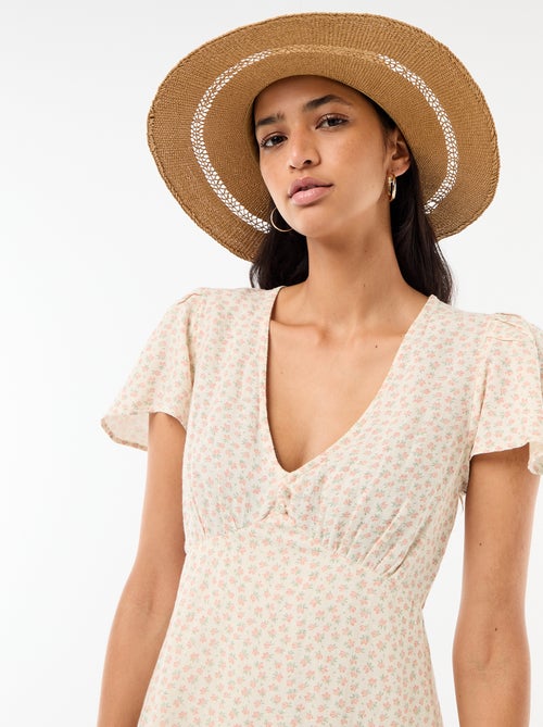 Robe courte manches papillons en coton et lin - Kiabi