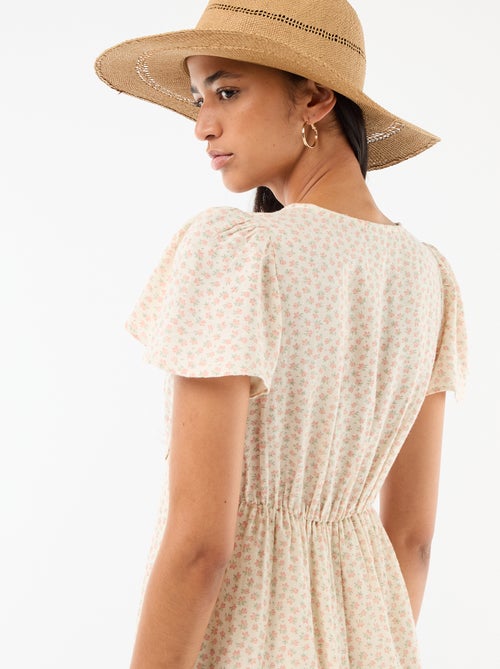 Robe courte manches papillons en coton et lin - Kiabi