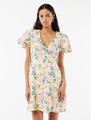 Robe courte manches papillons en coton et lin