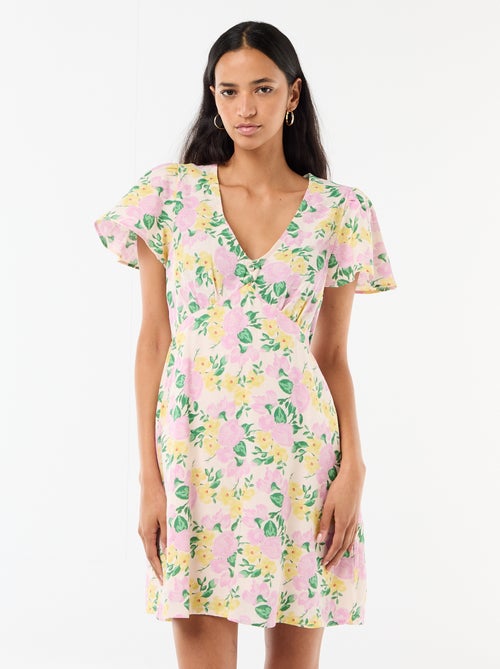 Robe courte manches papillons en coton et lin - Kiabi