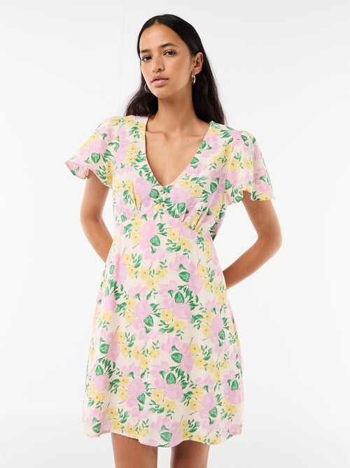 Robe courte manches papillons en coton et lin - Kiabi