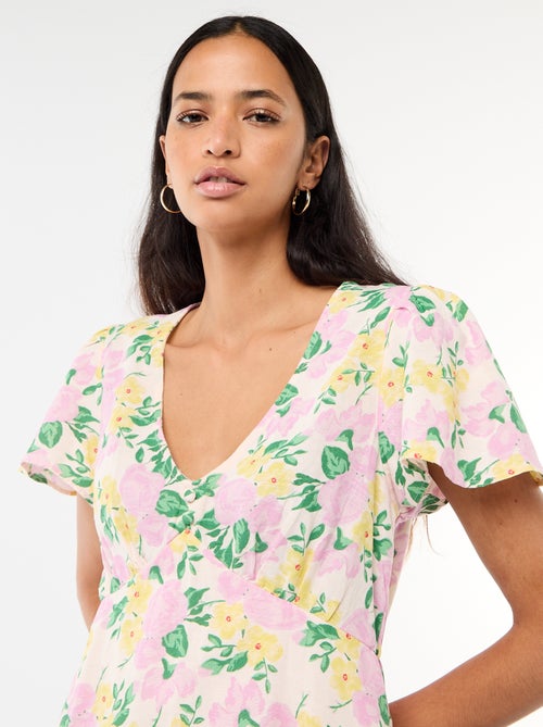 Robe courte manches papillons en coton et lin - Kiabi