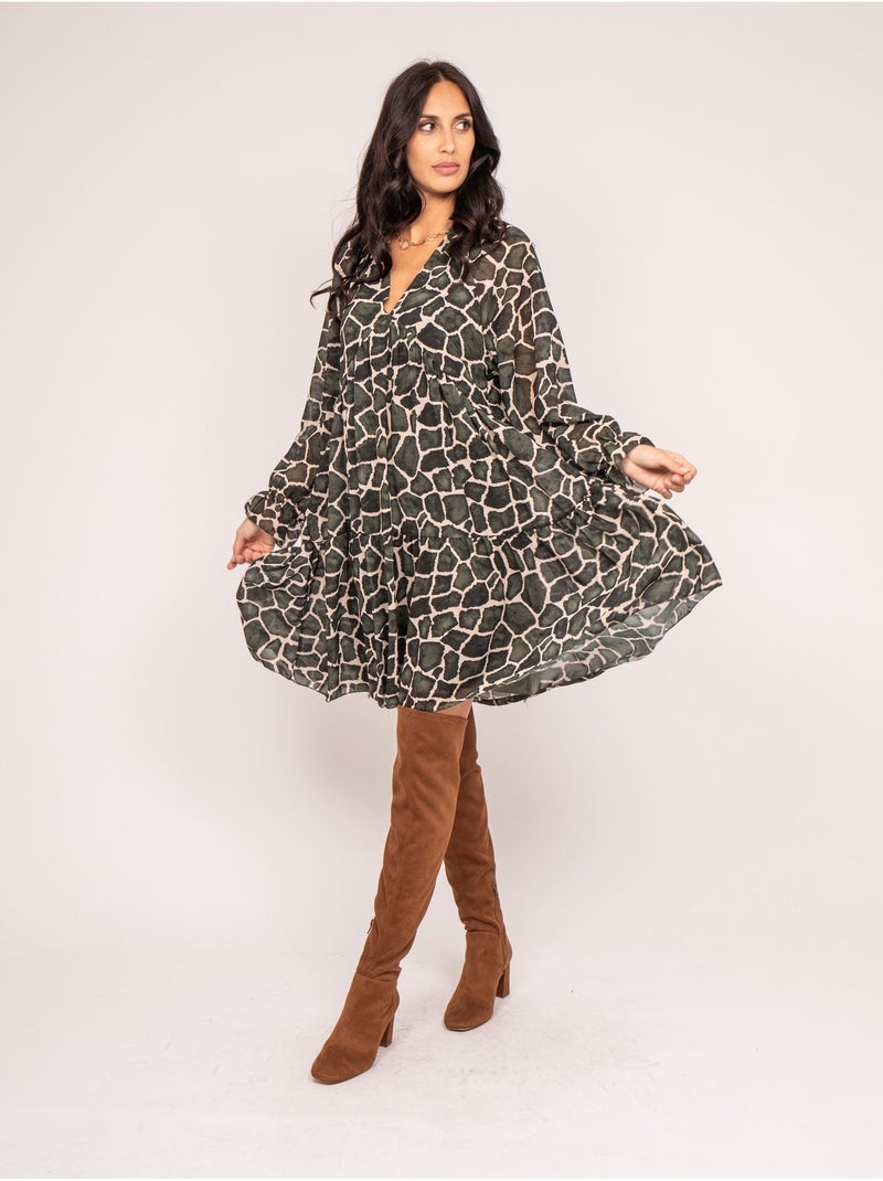 Robe courte motifs IFER Kaki - Kiabi