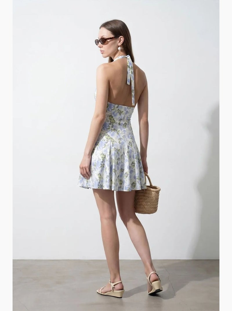 Robe courte patineuse à col licou et fleurs dilvin Multicolore - Kiabi