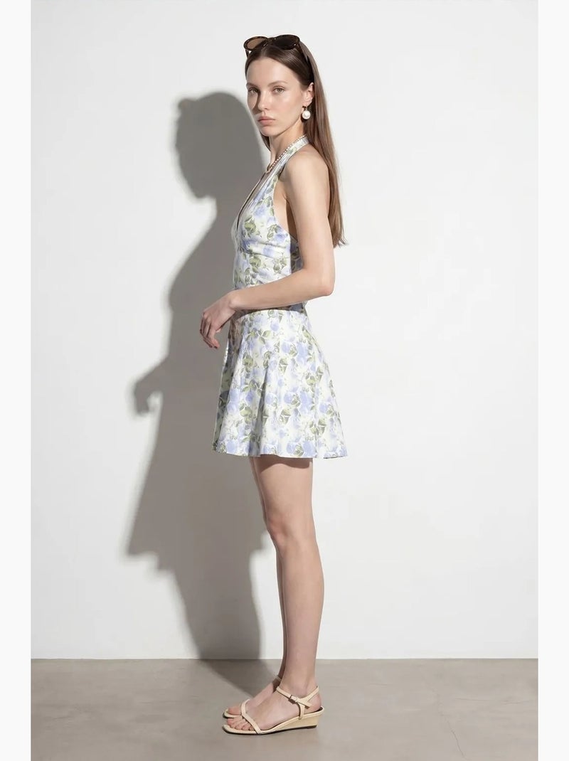 Robe courte patineuse à col licou et fleurs dilvin Multicolore - Kiabi