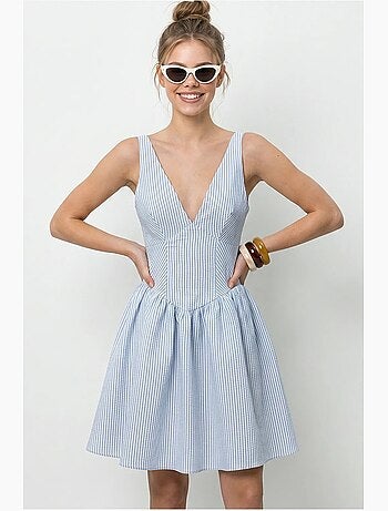 Robe courte patineuse sans manches à rayures et col v lucci