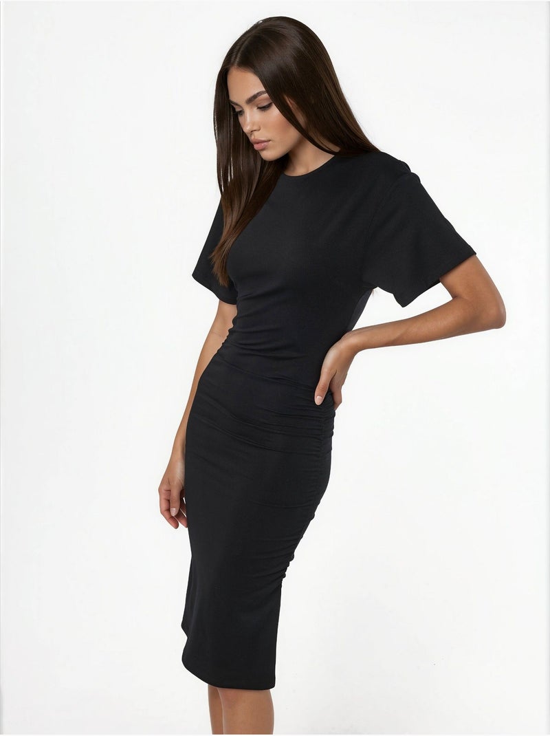 Robe courte t-shirt à col rond avec drapé busem Gris Noir - Kiabi