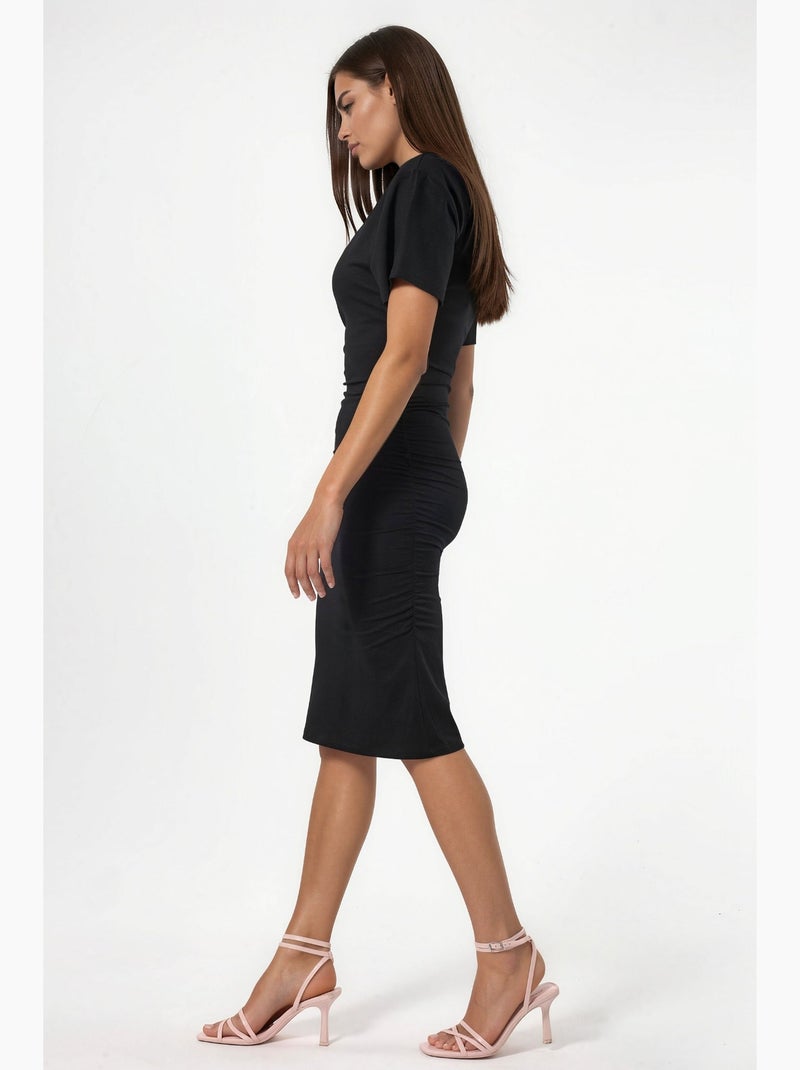 Robe courte t-shirt à col rond avec drapé busem Gris Noir - Kiabi